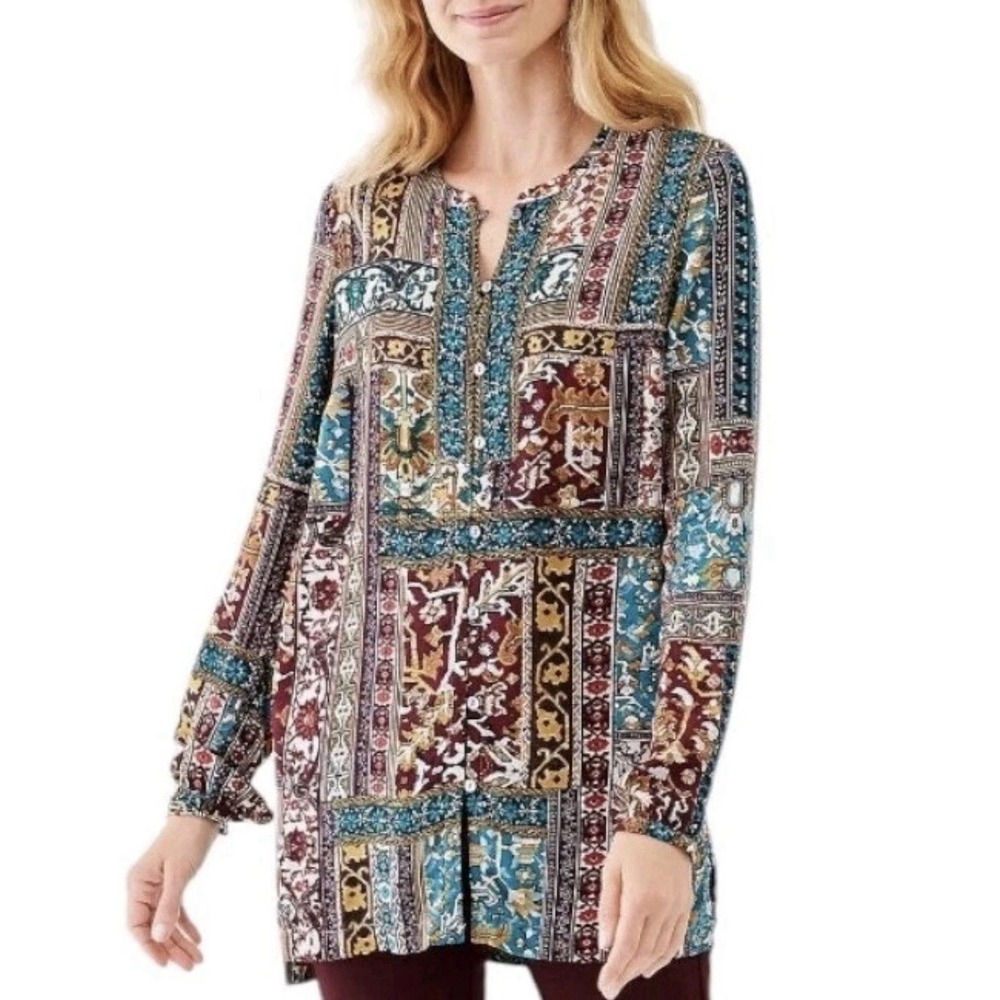 J Jill Tunic Women Medium Patchwork Pattern Button Front Multicolored Blouse New